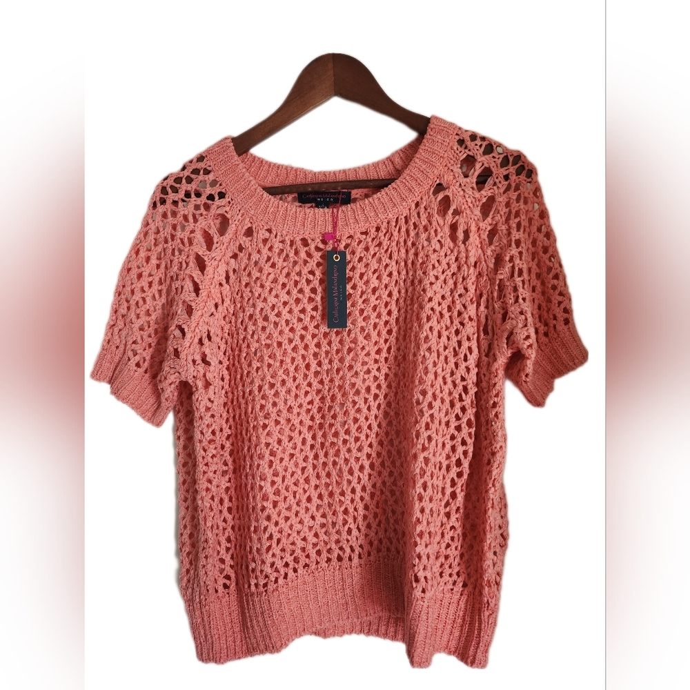 Size L Crochet Sweater Hole Knit Catherine Malandrino Pink Coral